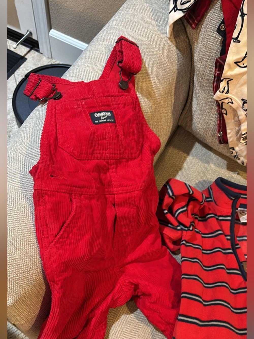 OshKosh B'gosh Red Corduroy Baby Overalls and Christmas onesies 24 months